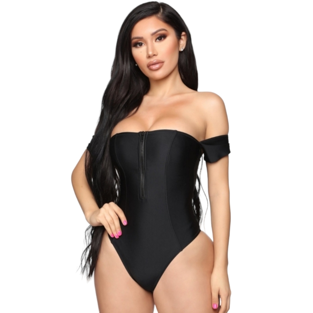 Fashion Nova Black Zip It Swimsuit One Piece- Large